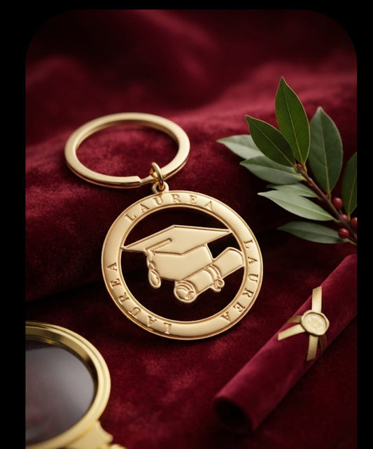 Portachiavi Laurea Dorato con Tocco e Pergamena – Bomboniera Elegante e Idea Regalo